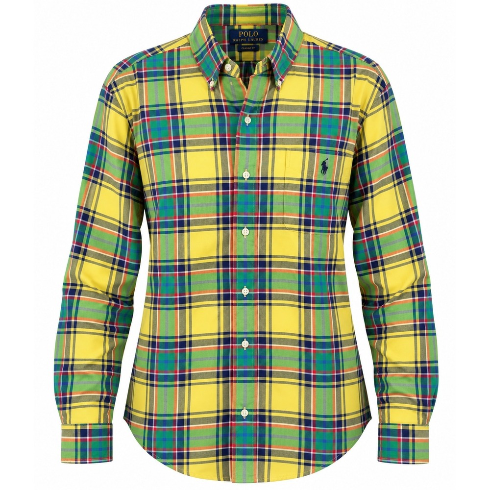 NEW Polo Ralph Lauren Mens Classic Fit Plaid Button Down Shirt Yellow Green L